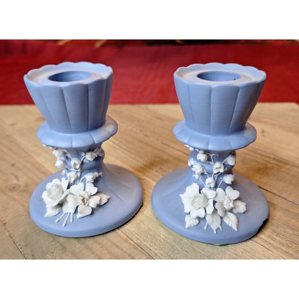 Vintage Blue Lefton Jasperware Style Floral Candlesticks Pair White Rose Relief